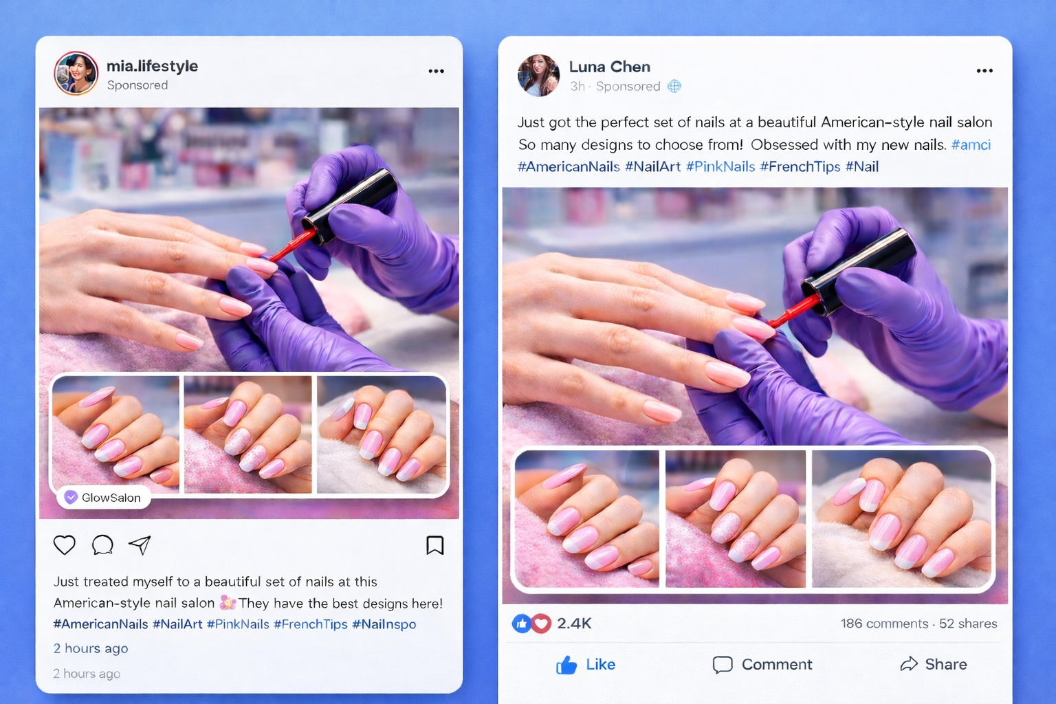 Manicured hands holding phone with social feed